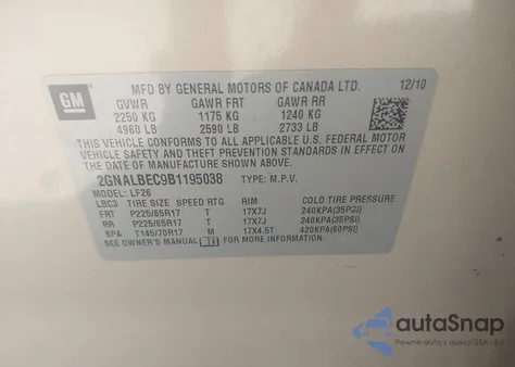 2011 Chevrolet Equinox Ls z USA, uszkodzony, nr VIN 2GNALBEC9B1195038